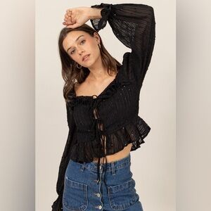 37B. Peplum Tie Front Sheer Sequin Blouse - Black